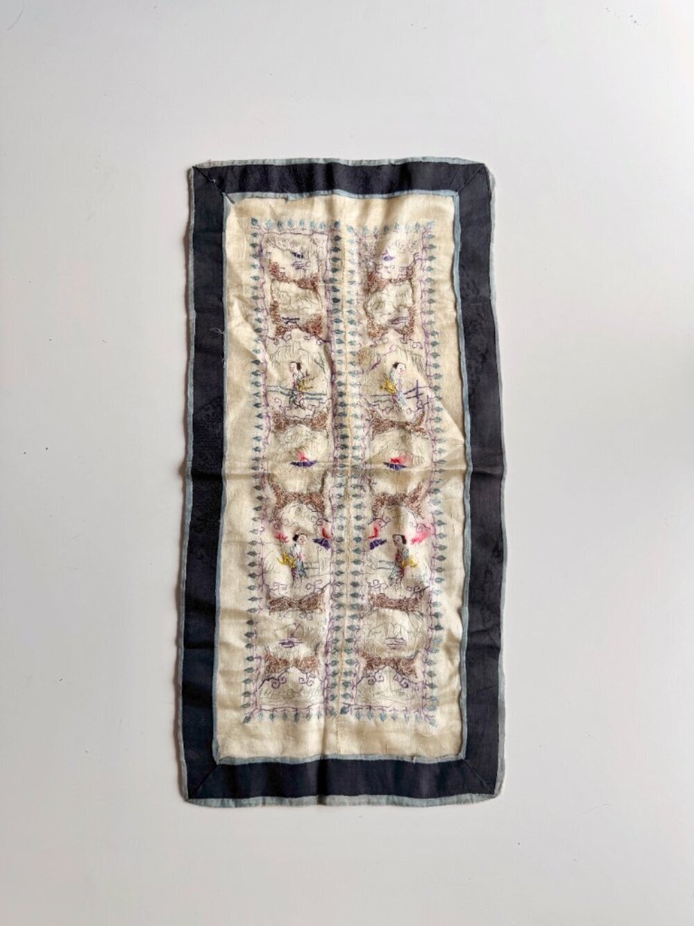 Antique 1910's Chinese Oriental Silk Pastoral 22" x 11" Embroidered Tapestry